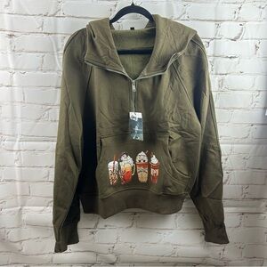 NWT Halloween/fall horror themed coffee 1/2 zip sweatshirt with thumb holes